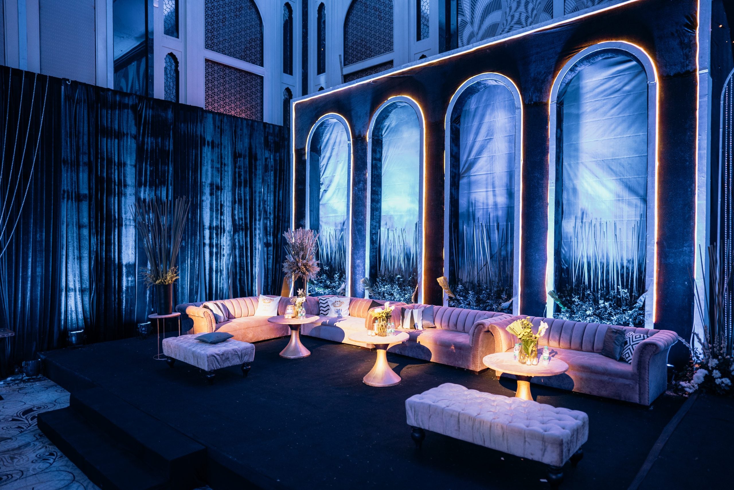 Blue-lit installation at Abhay and Shivani's celebration